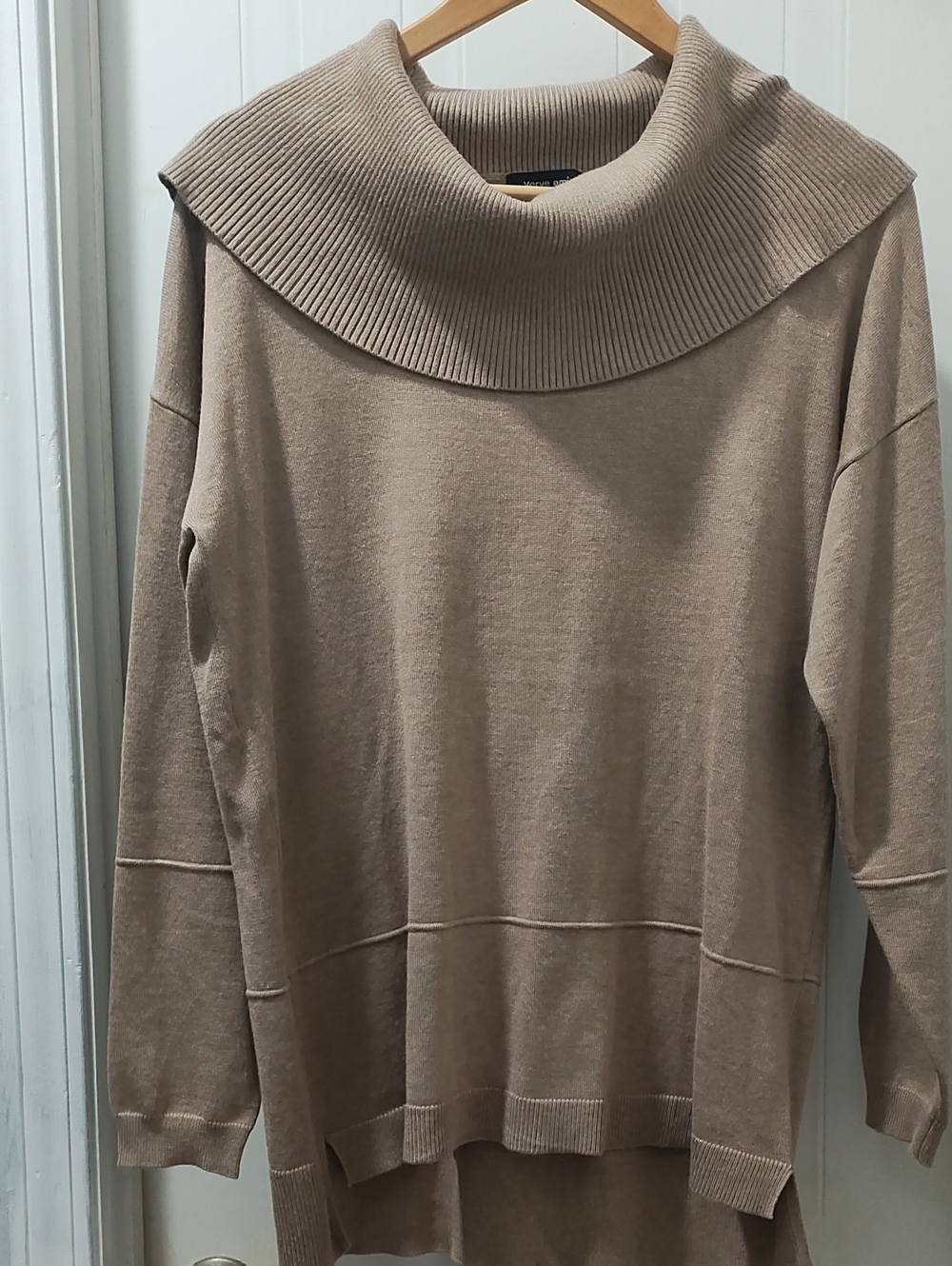 Verve Ami Women's Taupe Ribbed Cowl Neck Sweater